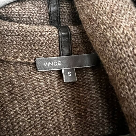 Vince Brown Leather Trim Cardigan Sweater yak wool open - Picture 6 of 8